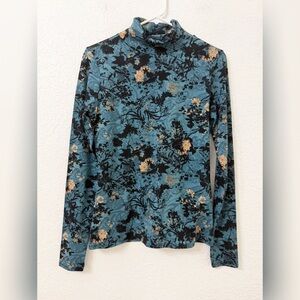 Peruvian Connection Mille Floral Blue Cotton Turtleneck Top Garnet - S